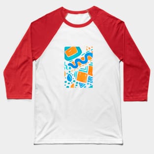 Vibrant blue and orange shapes are scattered across a clear background Baseball T-Shirt